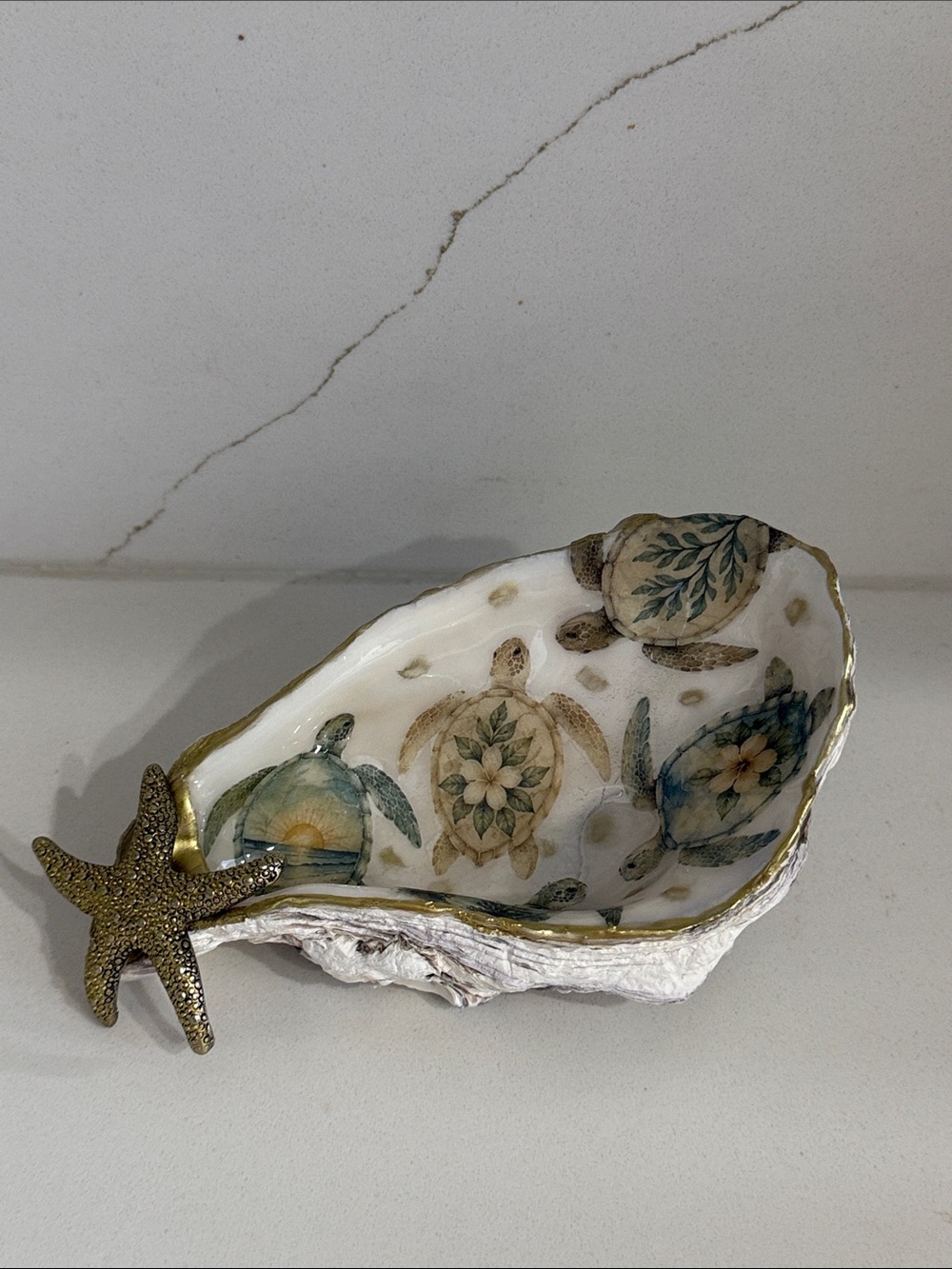 Decorative Turtle Oyster Shell Trinket Dish with Gold Starfish Accent - Large